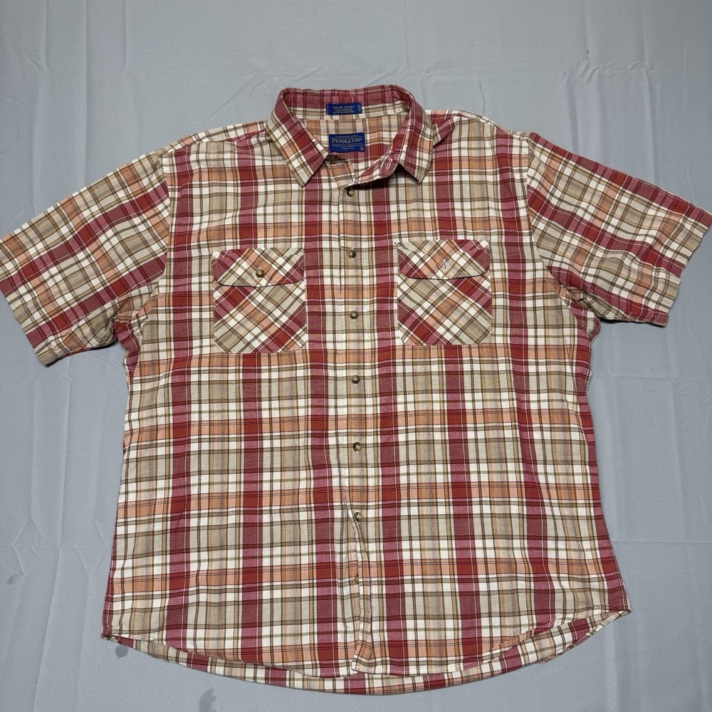 Pendleton Hiker Shirt Mens Size‎ XL Red Tan Plaid Short Sleeve Cotton VTG